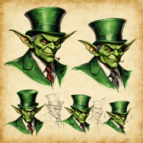 Character design sheet on old parchment, pencil and acrylic sketch, green goblin in a business suit and a top hat on his head, F...