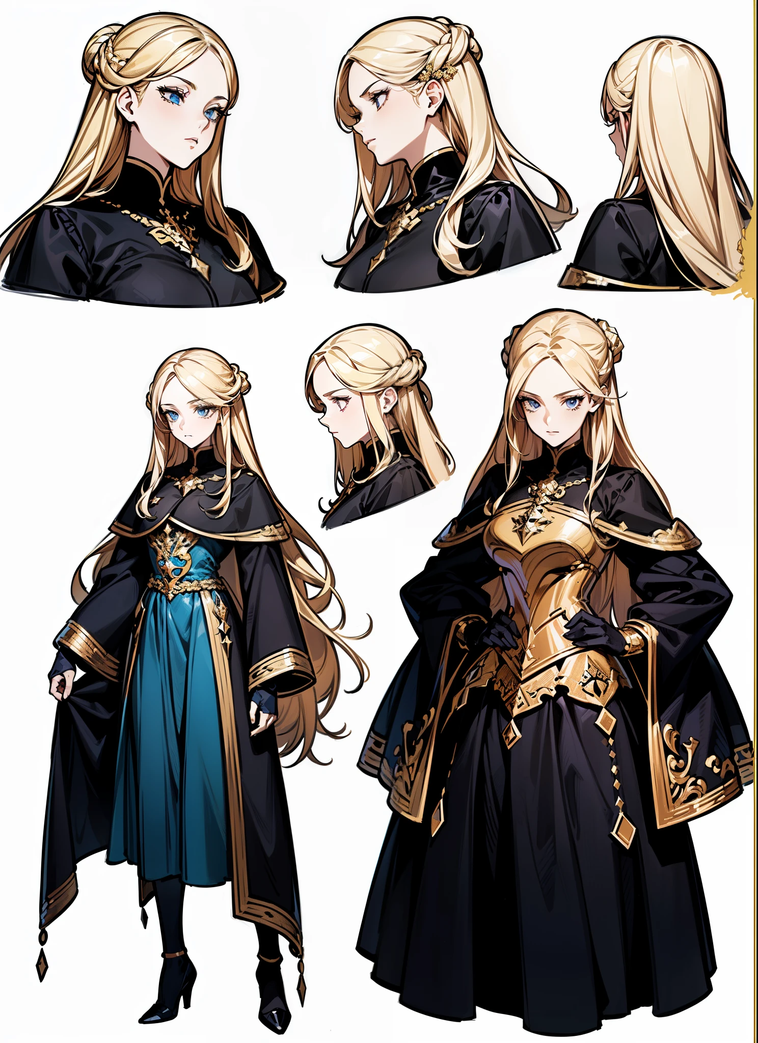 ((masterpiece)),(((best quality))),(character design sheet,same characters,front,side,Back), 1 girl, alone,long blonde hair,White and gold dress,(((Queen))),Strong leadership character,Retro art style,masterpiece,best quality,top quality,super high , concept art, character concept art, character sketch, Reference table, character table, ( Background, white Background: 1.3)