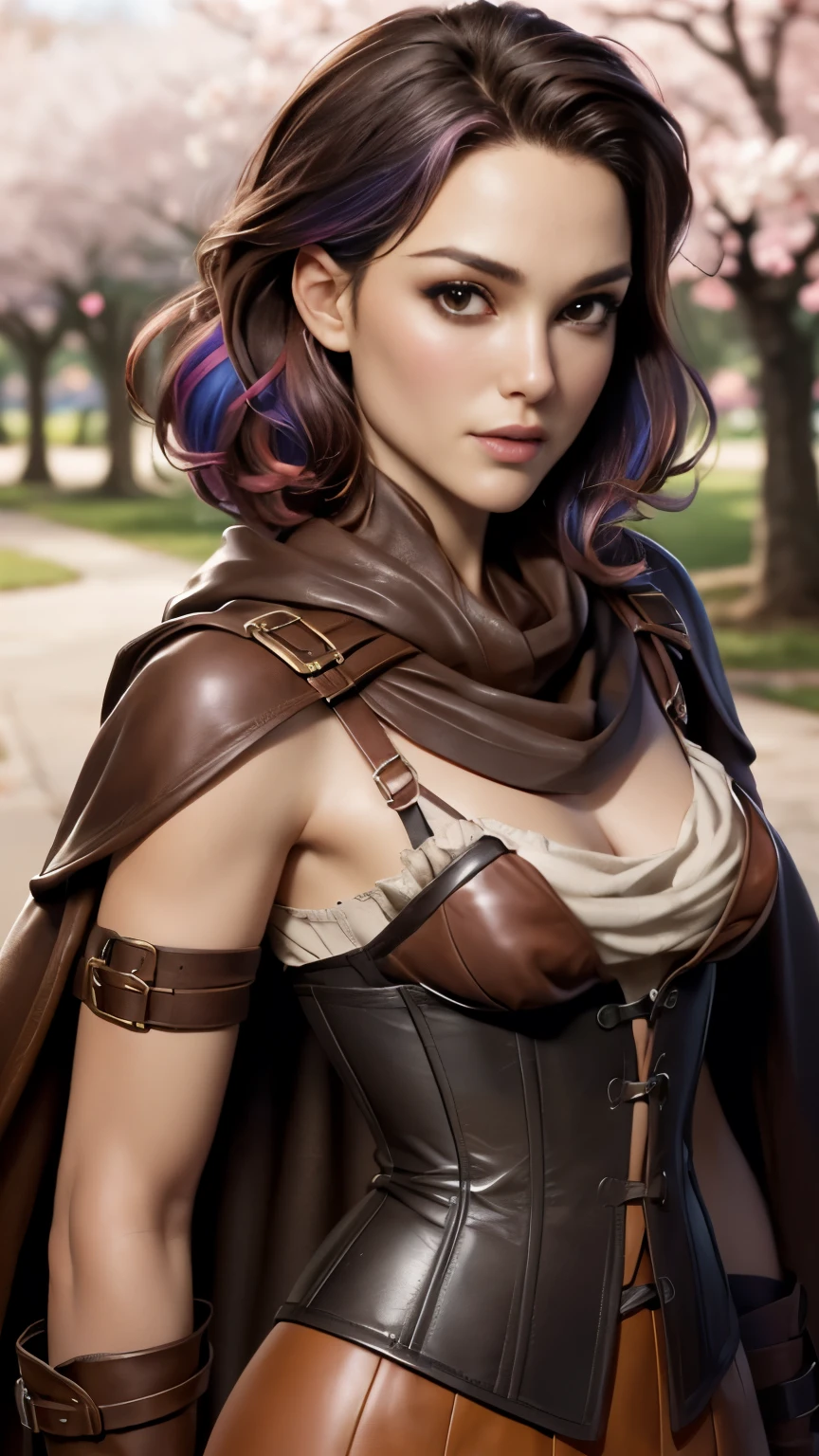 photo of celebrity, RAW, beautiful woman, ((portrait)), ((detailed face, colorful rainbow hair:1.2)), ((detailed facial feature, detailed skin, clear skin, parted lips), (perfect proportioned body, medium breasts), (wearing revealing clothes, brown leather, cowl, cloak, corset, skirt, long boots, buckles, straps, pouches, fabric, brown leather: 1.5)), (high detailed park with cherry blossoms: 1.3), (realistic photo, best quality, detailed), (8k wallpaper), (cinematic lighting, dramatic lighting) (sharp focus, intricate)