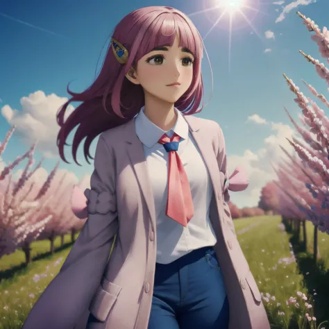 a girl with pink hair is standing alone in a sunny, flower-filled field. she is wearing a coat over a white shirt and blue pants...