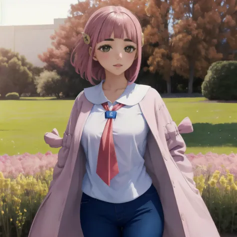 a girl with pink hair is standing alone in a sunny, flower-filled field. she is wearing a coat over a white shirt and blue pants...