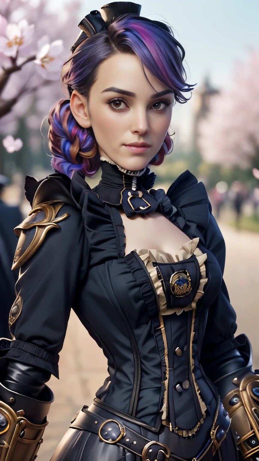 photo of celebrity, RAW, beautiful woman, ((portrait)), ((detailed face, colorful rainbow hair:1.2)), ((detailed facial feature, detailed skin, clear skin, parted lips), (perfect proportioned body, medium breasts), (wearing Victorian-era armor: 1.5)), (high detailed park with cherry blossoms: 1.3), (realistic photo, best quality, detailed), (8k wallpaper), (cinematic lighting, dramatic lighting) (sharp focus, intricate)