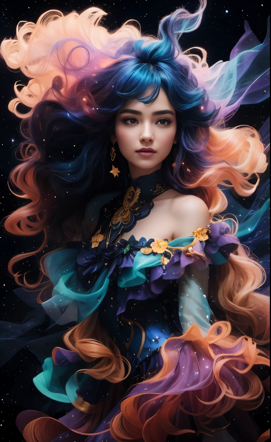 Imagina un ser celestial, una mujer cuyo vestido y cabello están hechos de elementos cósmicos, de pie sobre un acantilado con el telón de fondo del cielo nocturno estrellado. Su vestido fluye y ondula con los colores vibrantes de una nebulosa., blending fiery oranges, rojos, y amarillos con los azules profundos y morados del cosmos. Su cabello está alborotado y se entremezcla con las estrellas., dando la impresión de que ella es una con el universo. La escena es etérea y de otro mundo., con la figura delineada por el resplandor luminiscente del polvo de estrellas y la energía cósmica. El ambiente es de asombro y la sublime belleza del universo., capturado en un solo, Momento impresionante. por Skyrn99, alto detalle, alta calidad, alta resolución