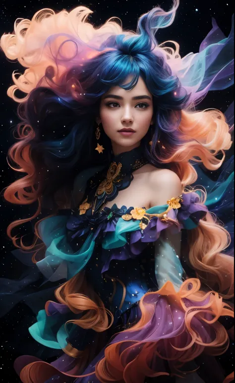 Envision a celestial being, a woman whose dress and hair are made of cosmic elements, standing on a cliff against a backdrop of ...