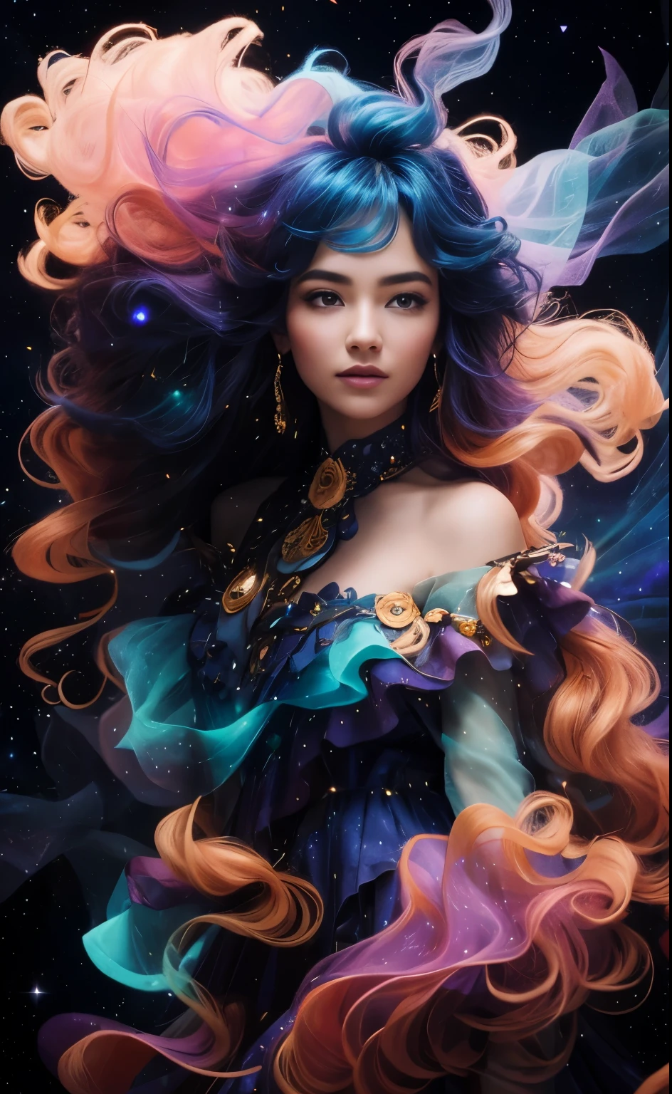 Imaginez un être céleste, une femme dont la robe et les cheveux sont faits d&#39;éléments cosmiques, debout sur une falaise sur fond de ciel étoilé. Sa robe coule et ondule avec les couleurs vibrantes d&#39;une nébuleuse, mélanger des oranges ardentes, rouges, et des jaunes avec les bleus profonds et les violets du cosmos. Ses cheveux sont balayés par le vent et se mêlent aux étoiles, donnant l&#39;impression qu&#39;elle ne fait qu&#39;un avec l&#39;univers. La scène est éthérée et surnaturelle, avec la silhouette soulignée par la lueur luminescente de la poussière d&#39;étoile et de l&#39;énergie cosmique. L&#39;ambiance est à l&#39;émerveillement et à la beauté sublime de l&#39;univers, capturé en un seul, moment à couper le souffle. par Skyrn99, détail élevé, haute qualité, Haute résolution