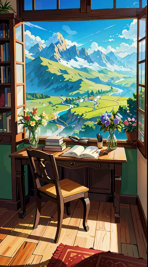 Masterpiece, a study room, Window leading to mountains view, books and computer and flower vase lying on the table, on a quiet a...