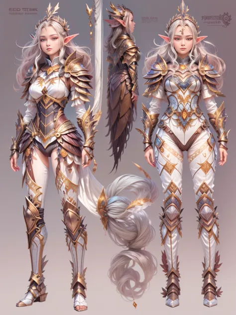 （character design sheet:1.5），((whole body))，(1 powerful and beautiful female warrior from the Elf tribe:1.3)，(arranged neatly:1....