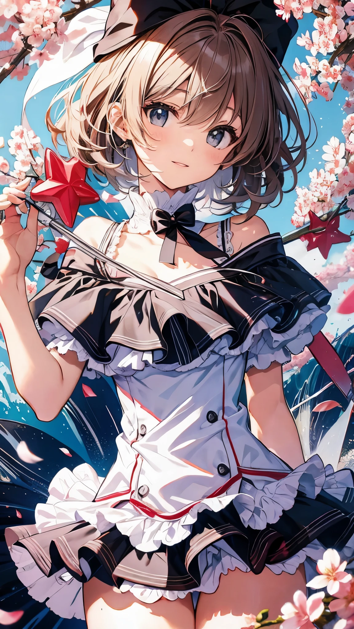 cardcaptor_cherry blossoms, smile, (masterpiece, highest quality, be familiar with:1.3), short hair, two side up,Wearing a ruffled bikini, (flat chest:1.3), squat,