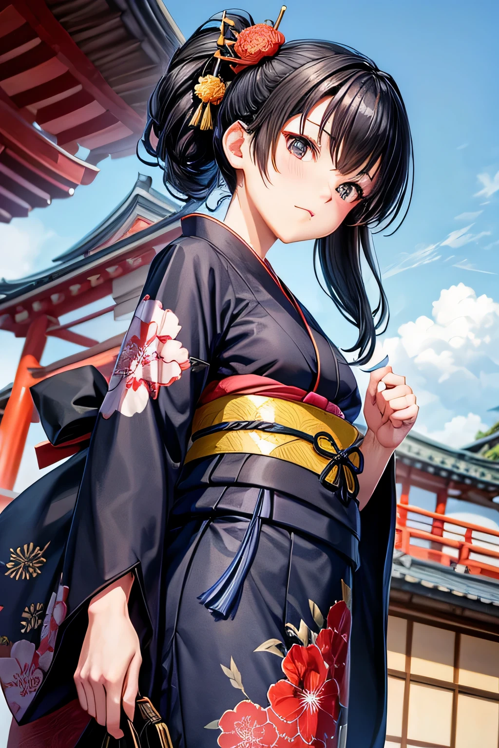 Kimono appearance、Beautiful Female Ninja、Black Hair Upstyle、((whole body))、(((photo taken from below)))、Japan townscape of the Edo period