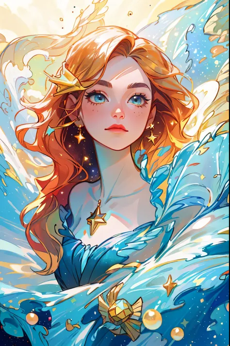 hd, (best details), (best quality), little mermaid，detailed facial features, galaxy,flying blue fabric， flash, particle, wind, g...