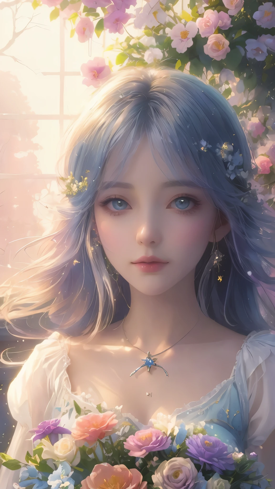 (high quality, 8k), (soft light), Rainbow-colored, one girl, detailed face, fine eyes, watercolor paiting,  so magical and dreamy, dreamy and detailed, dreamy atmosphereとドラマ, gorgeous atmosphere, fantastic beautiful lighting, dreamy atmosphere, beautiful atmosphere, dreamy romantic, fantastic dreamy theme, magical atmosphere, beautiful atmosphere, anime background art, magical atmosphere + table top, dreamy aesthetics, Beautiful details with atmosphere, lots of flowers, bubble, water, flower garden