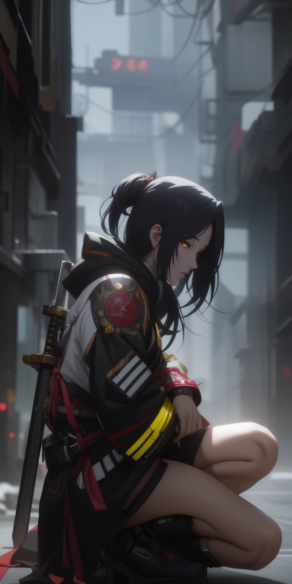 dominique_de_sade, black hair, long hair, yellow eyes, anime girl kneeling down with a sword in her hand, badass anime 8 k, artwork in the style of guweiz, ross tran 8 k, cinematic. by leng jun, 2. 5 d cgi anime fantasy artwork, anime style 4 k, ross tran and wlop, very beautiful cyberpunk samurai, guweiz on artstation pixiv, facing viewer
