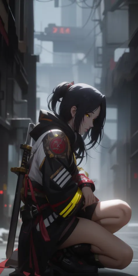 dominique_de_sade, black hair, long hair, yellow eyes, anime girl kneeling down with a sword in her hand, badass anime 8 k, artw...