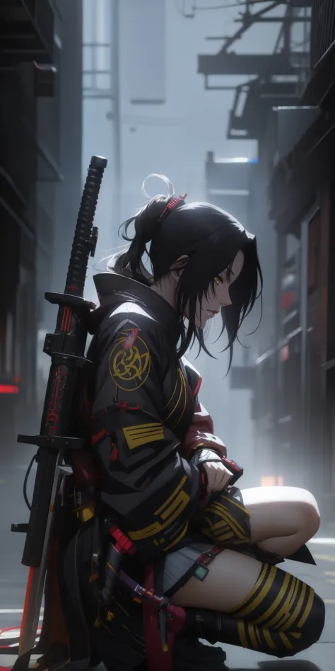 dominique_de_sade, black hair, long hair, yellow eyes, anime girl kneeling down with a sword in her hand, badass anime 8 k, artw...