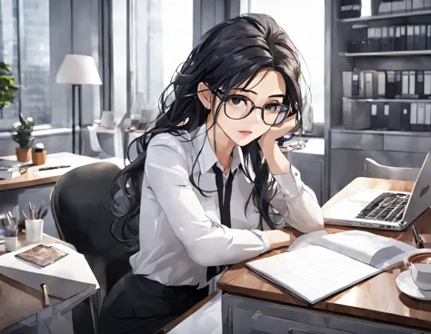 (best quality), masterpiece, extremely detailed cg，1 professional woman sitting at her desk，notebook on the table，wear glasses，l...