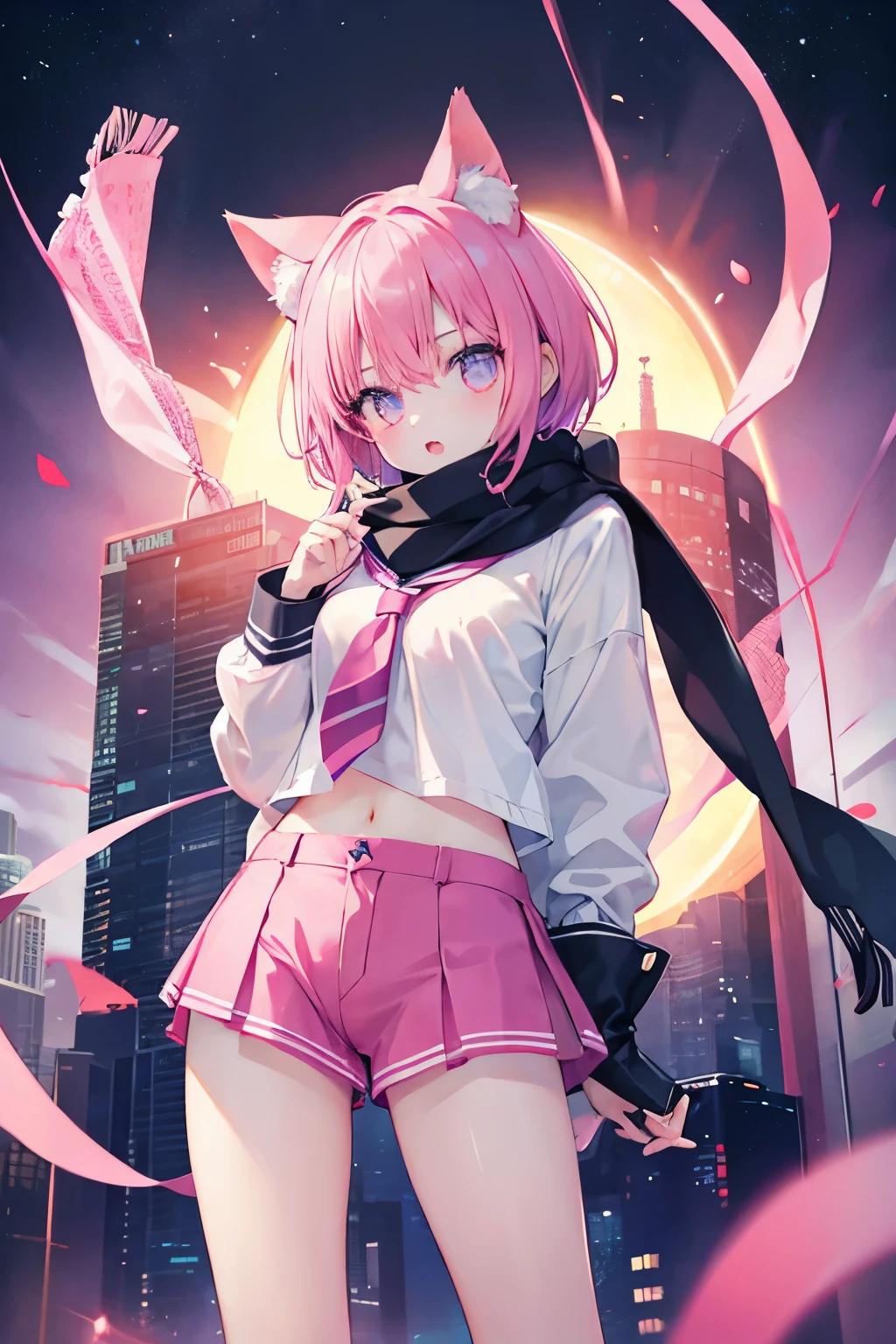 Anime girl in pink shorts and cat ears standing in front of a city - SeaArt  AI