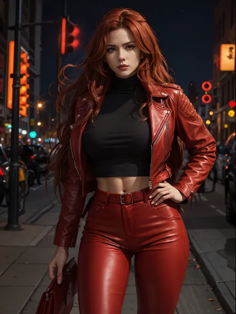 in photorealistic style, a red woman with long hair in red leather pants and a red leather jacket stands in the New York street ...