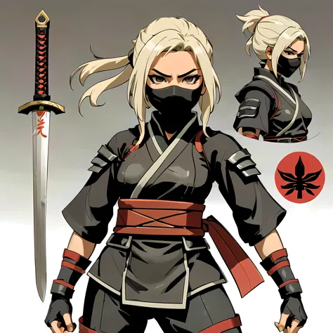 Close-up of a female in a ninja costume, ((character concept art)), ((character design sheet, same character, front, side, back)) maple story character art, video game character design, video game character design, maple story ninja girl, expert high detai...