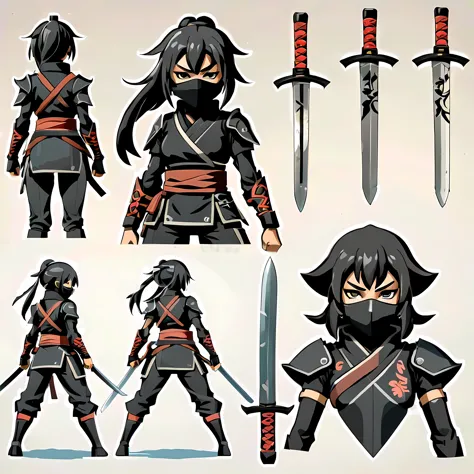 Close-up of a female in a ninja costume, ((character concept art)), ((character design sheet, same character, front, side, back)) maple story character art, video game character design, video game character design, maple story ninja girl, expert high detai...