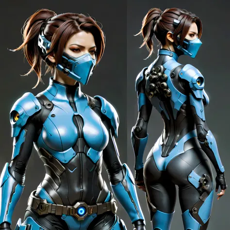Close-up of a female in a high tech body suit, ((character concept art)), ((character design sheet, same character, front, side, back)), StarCraft character art, video game character design, video game character design, StarCraft ghost girl, expert high de...