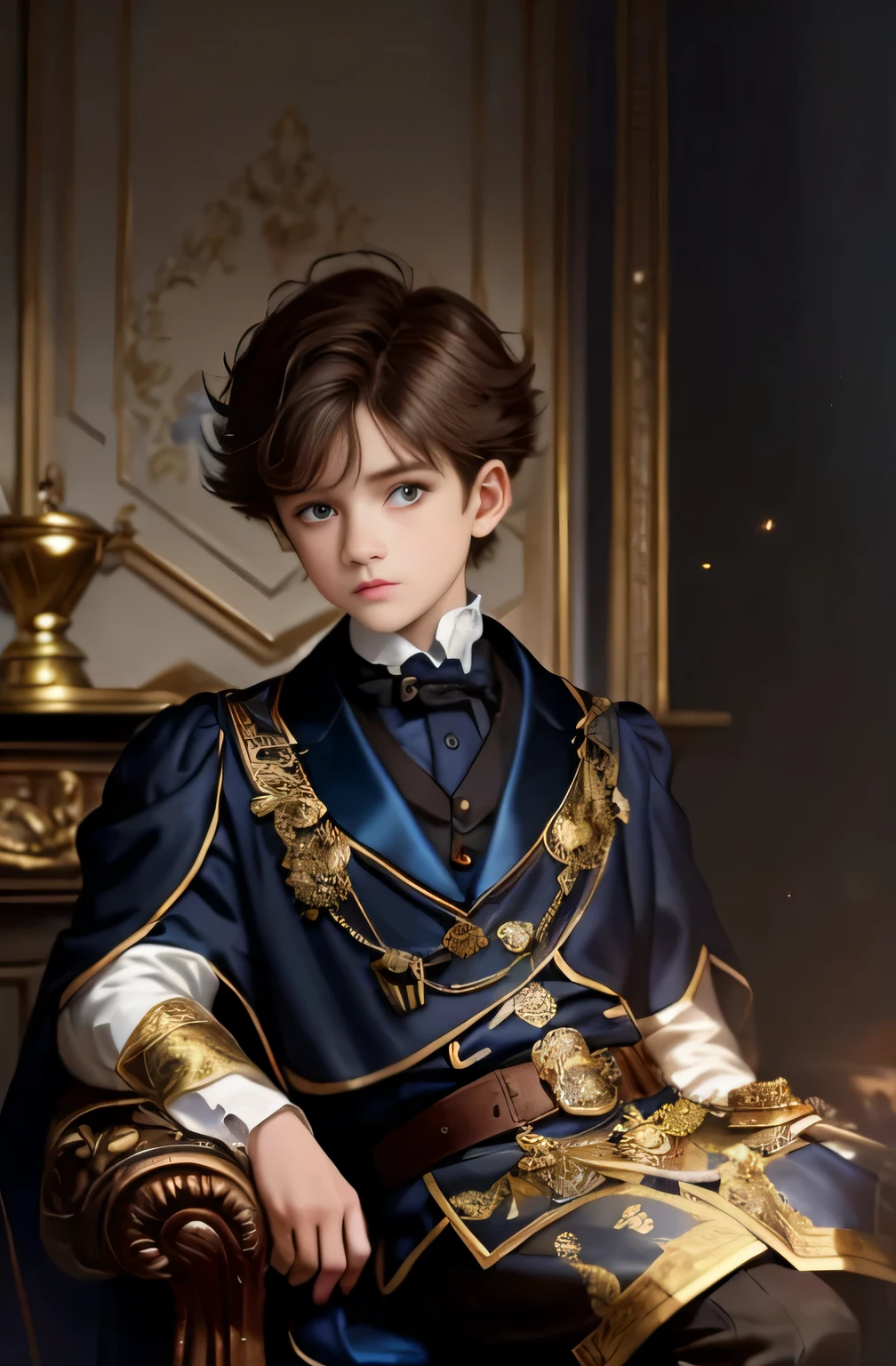 Masterpiece, top quality, 1 Boy, Boy ((7 years)), sitting in the living room, aristocratic living room in the background, a fireplace, chess, blue silk robe, Gold patterns, detailed face ((dark eyes, Brown hair)), Brown hair 