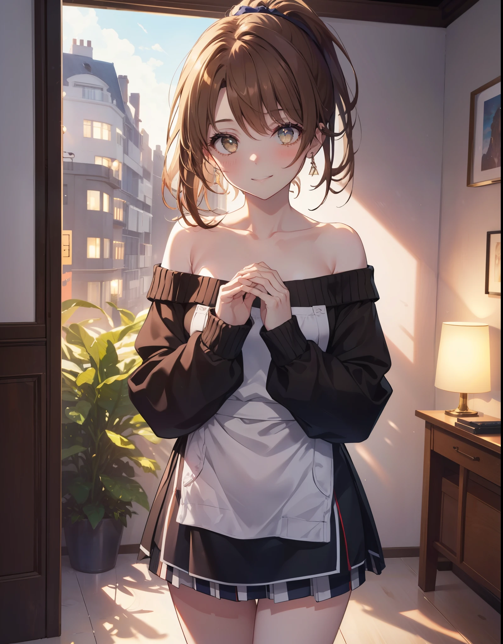 irohaisshiki, Isshiki Iroha, １people々woman,long hair, brown hair, ponytail,(brown eyes:1.5), smile,blush,night,moonlight off shoulder sweater,bare shoulders,bare clavicle,naked neck,long skirt,indoor slippers,apron,entrance,fold your hands in front of your chest,
break indoors ,indoor　entrance,
break looking at viewer, (cowboy shot:1. 5)
break (masterpiece:1.2), highest quality, High resolution, unity 8k wallpaper, (shape:0.8), (beautiful and detailed eyes:1.6), highly detailed face, perfect lighting, Very detailed CG, (perfect hands, perfect anatomy),