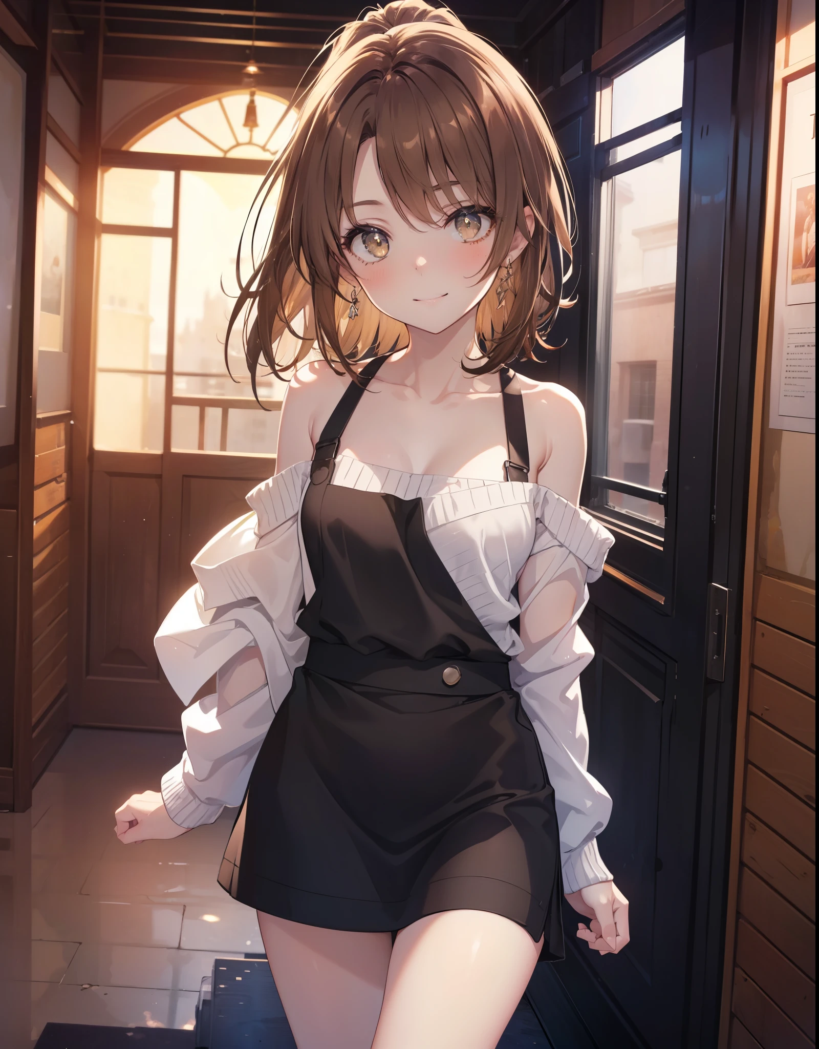 irohaisshiki, Isshiki Iroha, １people々woman,long hair, brown hair, ponytail,(brown eyes:1.5), smile,blush,night,moonlight off shoulder sweater,bare shoulders,bare clavicle,naked neck,long skirt,indoor slippers,apron,entrance,put your hands behind your back,
break indoors ,indoor　entrance,
break looking at viewer, (cowboy shot:1. 5)
break (masterpiece:1.2), highest quality, High resolution, unity 8k wallpaper, (shape:0.8), (beautiful and detailed eyes:1.6), highly detailed face, perfect lighting, Very detailed CG, (perfect hands, perfect anatomy),