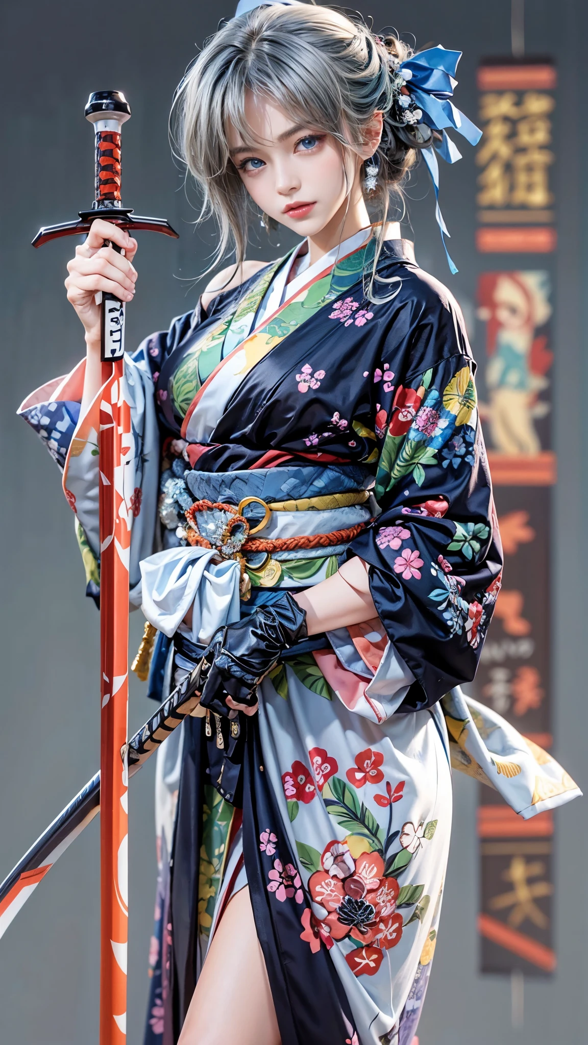 (RAW shooting:1.5, Photoreal:1.5, 8k, highest quality, masterpiece, ultra high resolution), Japan, world of magic and swords, perfect dynamic composition:1.2, Mysterious:1.3, Highly detailed skin and facial textures:1.3, cute and sexy slim female samurai, beautiful and aesthetic:1.2, cute and sexy beauty, perfect style, wear elaborate rings, Japan刀を構える:1.1, fire, water, Wind, thunder, ice, Fair skin, very beautiful face, (Medium chest, Chest gap), (embarrassing smile, The expression on your face when you feel intense caress, Facial expression when feeling pleasure), (wear kimono sexy:1.1, off shoulder), (beautiful blue eyes, Eyes that feel beautiful eros:0.8), (Too erotic:0.9, Bewitching:0.9), full body shot, 背景にJapanの城