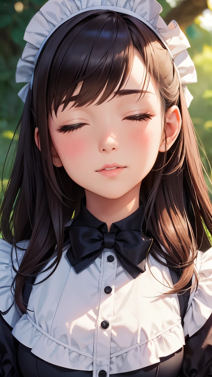 (high quality, High resolution, small details), anime style, (kissing face:1.3), (victorian maid dress), alone, curvaceous woman, (close your eyes:1.2), blush, soft lips, Sweat, oily skin, (Front view:1.4), (focus on the face:1.6), (tilt head:1.3), shallow depth of field, Natural light, soft and warm lighting, subtle shadow, romantic atmosphere

