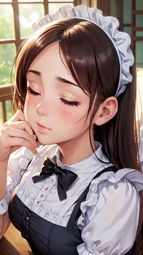 (high quality, High resolution, small details), anime style, (kissing face:1.3), (victorian maid dress), alone, curvaceous woman...