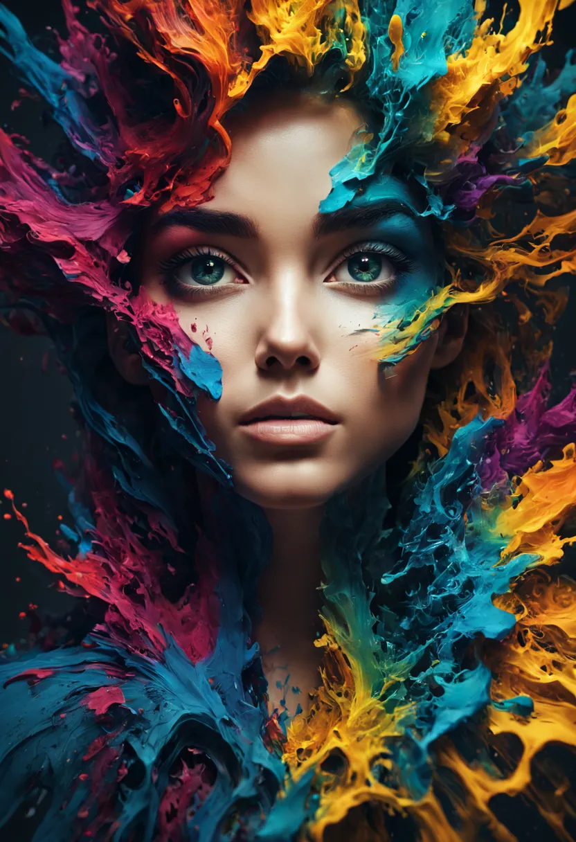 concept art concept art colorful ink cascaded the canvas forming human female face,photo,studio lighting,sony a7,35mm,hyperreali...