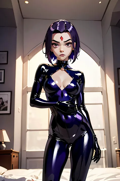 VoronTT,  purple eyes,purple hair,  red gem in forehead, gray skin, (insanely detailed, beautiful detailed face, Masterpiece, detailed eyes, Best quality. very small saggy breasts. huge thighs. transparent tight latex suit. Necklace. (very high resolution....