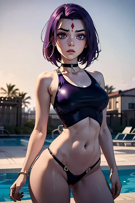VoronTT,  purple eyes,purple hair,  red gem in forehead, gray skin, (insanely detailed, beautiful detailed face, Masterpiece, detailed eyes, Best quality. small saggy breasts. huge thighs. One-piece swimsuit. Necklace. (very high resolution. 8K).