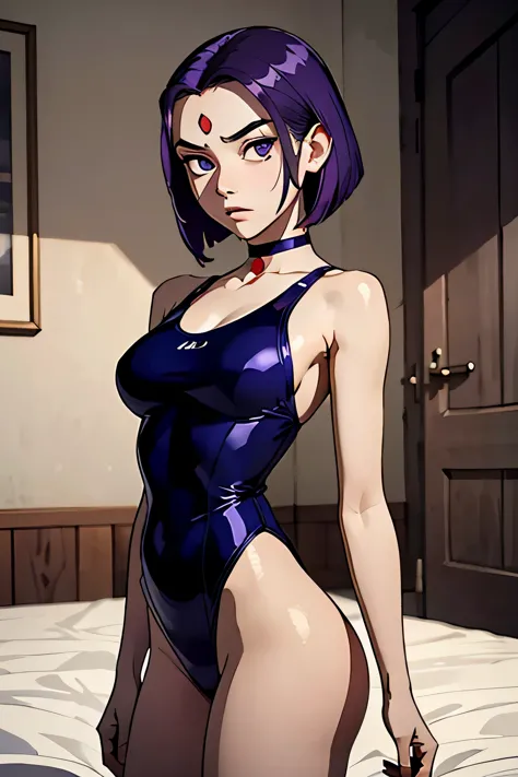VoronTT,  purple eyes,purple hair,  red gem in forehead, gray skin, (insanely detailed, beautiful detailed face, Masterpiece, detailed eyes, Best quality. small saggy breasts. huge thighs. One-piece swimsuit. Necklace. (very high resolution. 8K).