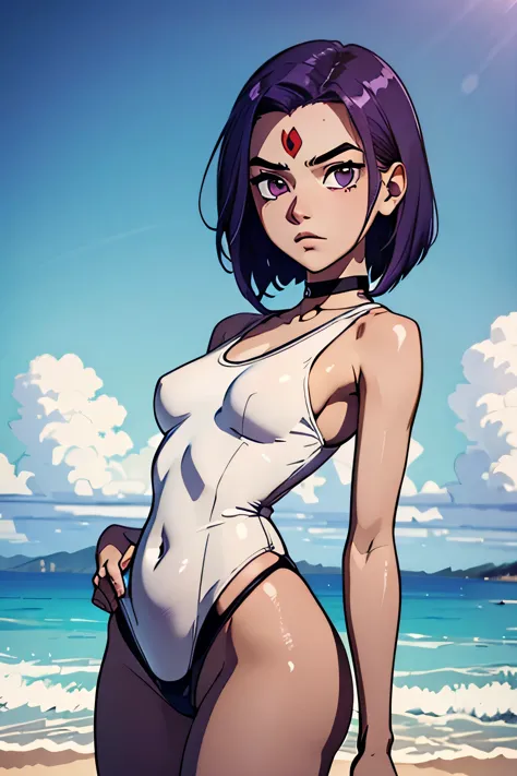 VoronTT,  purple eyes,purple hair,  red gem in forehead, gray skin, (insanely detailed, beautiful detailed face, Masterpiece, detailed eyes, Best quality. small saggy breasts. huge thighs. One-piece swimsuit. shorts. Necklace. (very high resolution. 8K).