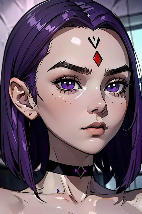 VoronTT,  purple eyes,purple hair,  red gem in forehead, gray skin, (insanely detailed, beautiful detailed face, Masterpiece, detailed eyes, Best quality. small saggy breasts. huge thighs. nude. Necklace. (very high resolution. 8K). shower