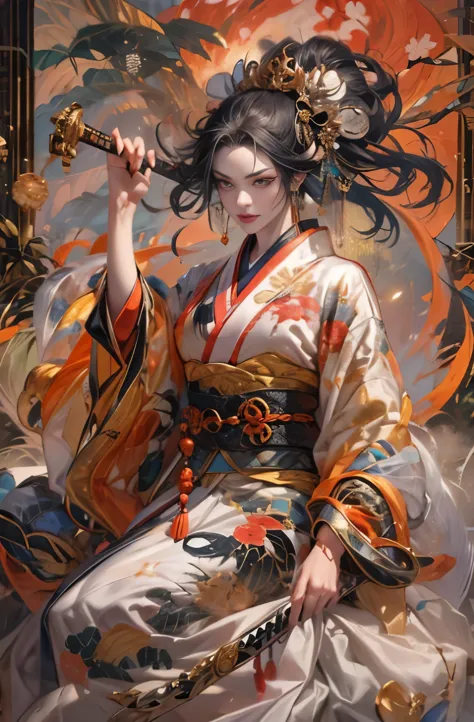beautiful demon painting, Oni woman with a Japanese sword, Strong female samurai, mouth with fangs, gambler, platinum blonde dem...