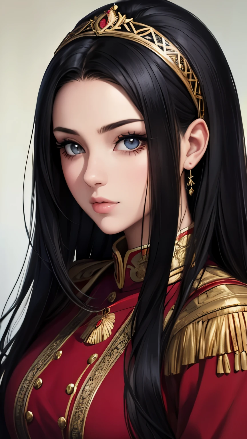 A woman with long black hair wearing a red dress and a gold crown ...