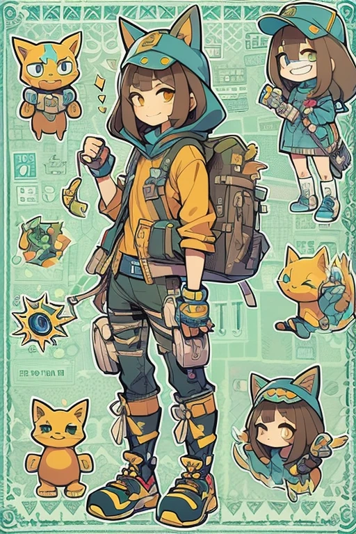 Boyish girl and creepy cute monster buddy、anime-like、Adventurer、A determined smile、Brown hair with light blue mesh、Monocle with analytical ability、Sporty、Emblem with the Ouroboros ring motif、cap with cat ears、He is equipped with a mechanical gauntlet on his right hand.、orange hoodie、Knee guard、lace up boots、One Shoulder Bag、16 years old。character design sheet、The monster is inspired by Giger.、ExpeditionStyle、Monster is mshn robo style、Card game style