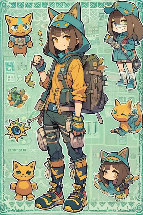 Boyish girl and creepy cute monster buddy、anime-like、Adventurer、A determined smile、Brown hair with light blue mesh、Monocle with ...