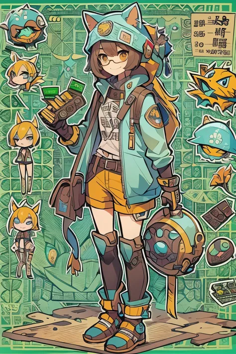Boyish girl and creepy cute monster buddy、anime-like、Adventurer、A determined smile、Brown hair with light blue mesh、Monocle with analytical ability、Sporty、Emblem with the Ouroboros ring motif、cap with cat ears、He is equipped with a mechanical gauntlet on hi...