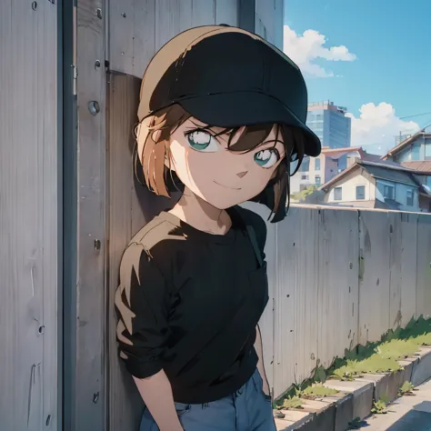 street、Leaning against a concrete wall、Wear a deep green cap、Hold the brim of the cap with your right hand、black t-shirt_gray jacket_green oversized pants_large sneakers、put your left hand in your pocket、profile、A little smile、Haihara Ai 1 person、Like a me...