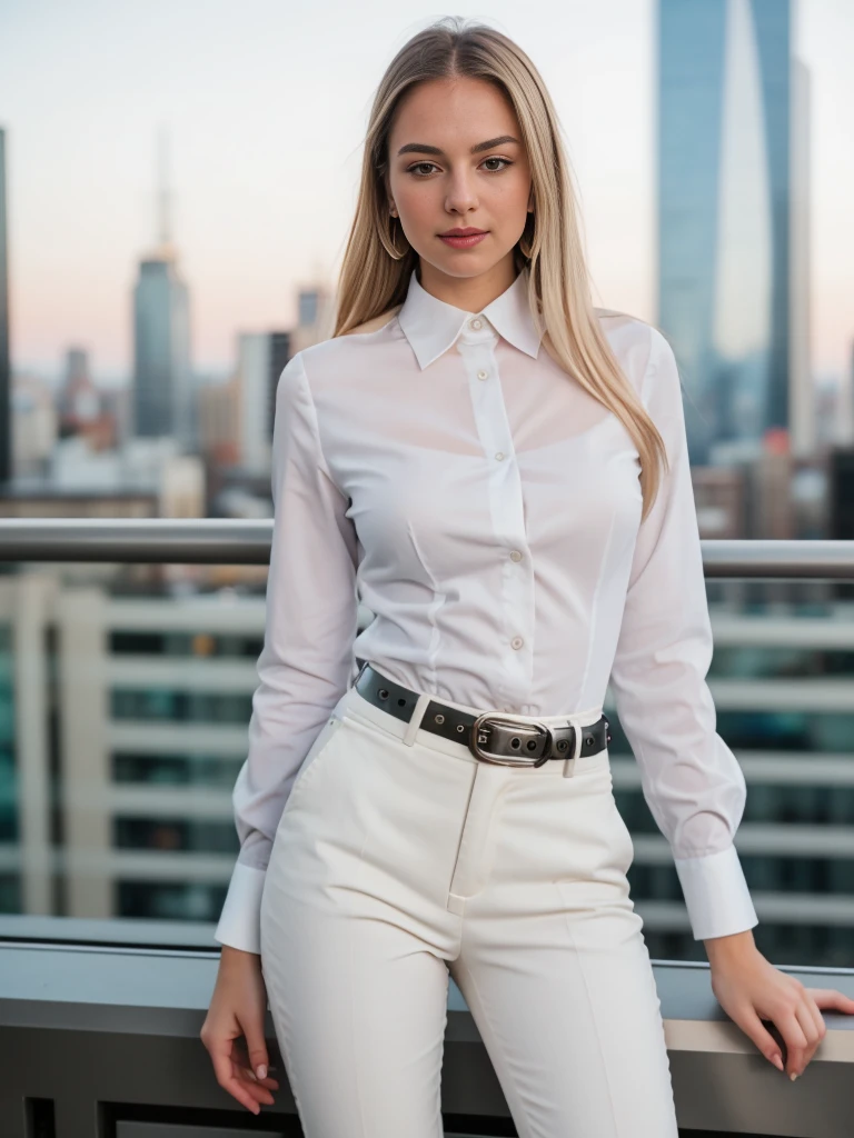 beautiful photograph of a smart looking 1girl, solo, wearing a crisp, white collared shirt, fine fabric emphasis, perfectly defined button detailing, black high-waisted pants with a belt, diamond stud earrings, long sleek blonde hair, brown eyes, freckles, warm and sensual smile, slender figure, standing against a city skyline at midnight, cowboy shot, full body shot, photographed on a Fujifilm XT3, 80mm F/1.7 prime lens, cinematic film still, cinestill 500T, highly detailed, masterpiece, highest quality, intricately detailed, HDR, 8k, uhd, photorealistic
