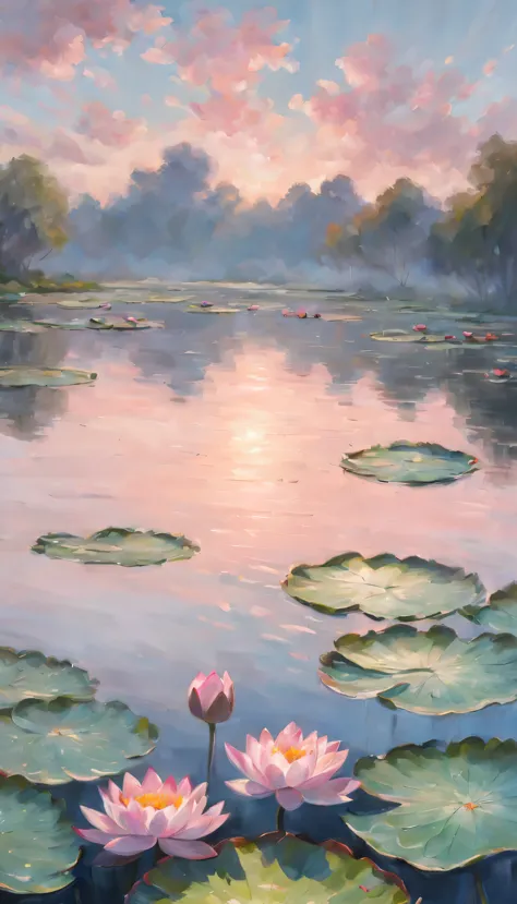 Monet style, beach, cloud, sky, water, flower, waterlily, pad, lotus, pink flower, no humans, plant, scenery, still life, impres...