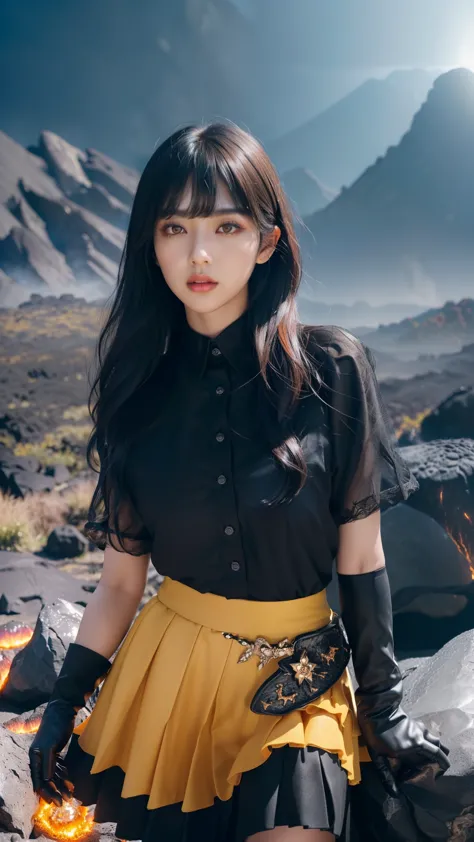 (dark bloom), kpop idol, black fluffy hair with bangs, yellow eyes, (black skirt, gloves, black shirt), wings, sparkling clothin...