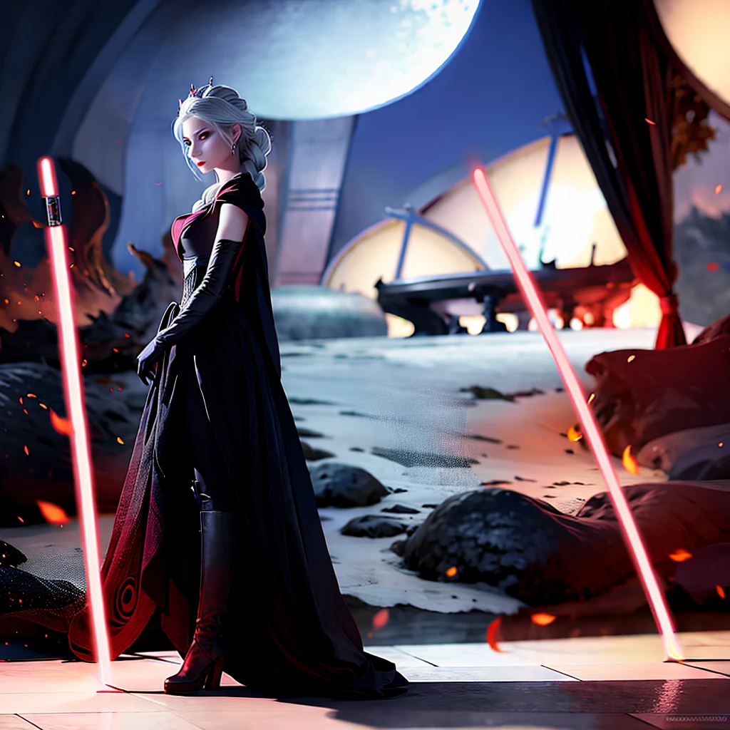 Elsa princess from Frozen dressed in a black Sith robe and holding a red Star Wars-style lightsaber in her hands, with the clone army in the background