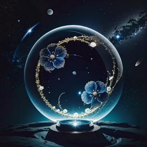Universe with stars，big bang of stars，Energy sphere，Glass flowers，chinese dragon，moon