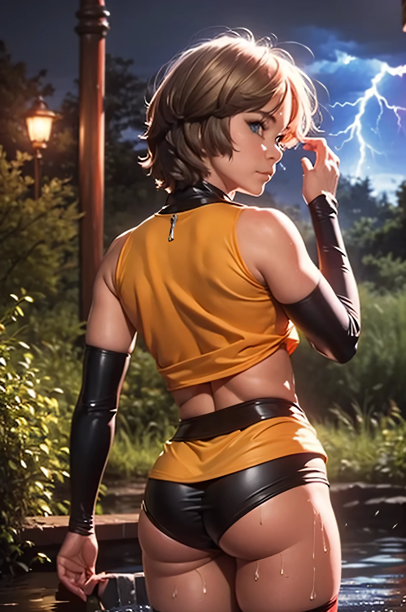  Beautiful, Realistic, 8K, Masterpiece, Best quality, very detailed face, perfect lighting, 1 girl, One, Green eyes, yellow shirt, crop top, shorts with suspenders, Behind, cowboy shot, wet, on open air, rain, night, Moonlight , (((lightning))) 