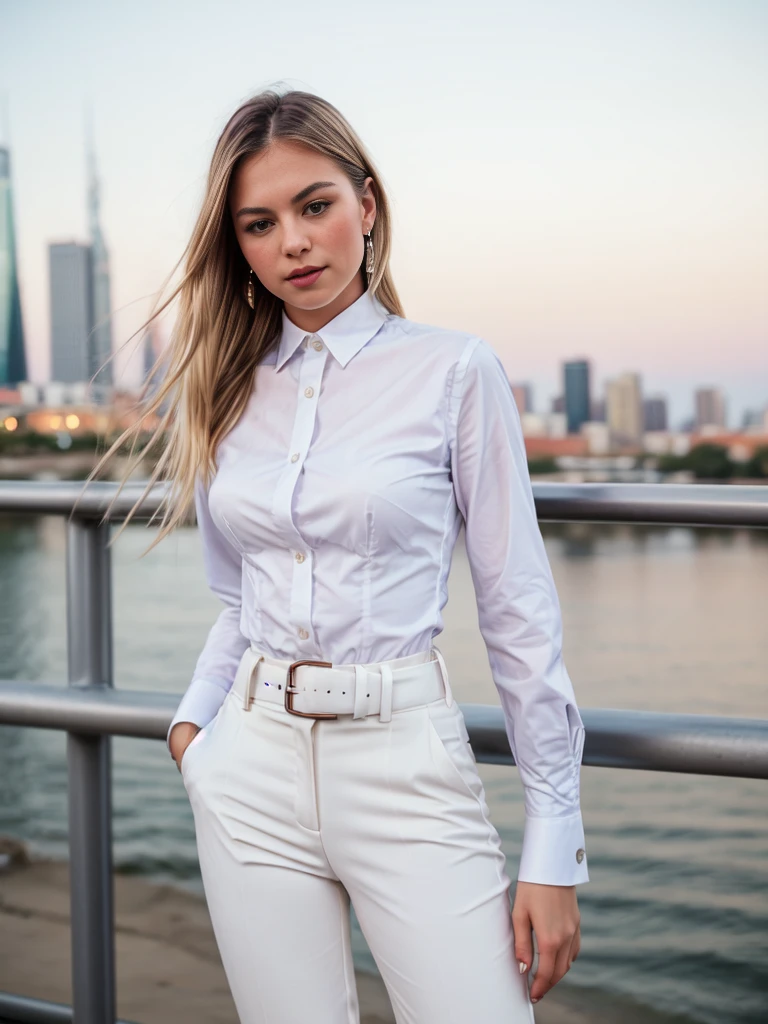 beautiful photograph of a smart looking 1girl, solo, wearing a crisp (white, collared shirt), fine fabric emphasis, perfectly defined button detailing, (((black high-waisted pants))), belt, diamond stud earrings, long sleek blonde hair, brown eyes, freckles, sensual smile, slender figure, outdoors, standing against a city skyline at midnight, cowboy shot, full body shot, photographed on a Fujifilm XT3, 80mm F/1.7 prime lens, cinematic film still, cinestill 500T, highly detailed, masterpiece, highest quality, intricately detailed, HDR, 8k, uhd, photorealistic
