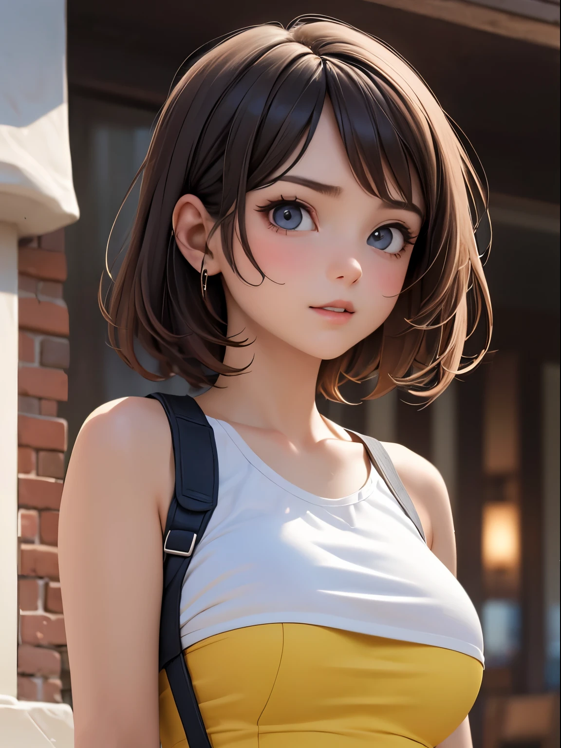 Portrait of a teenage girl., She has short golden hair., A top that looks like a sports bra., Bottoms like racing bloomers., The background is a park in a science fiction space city.